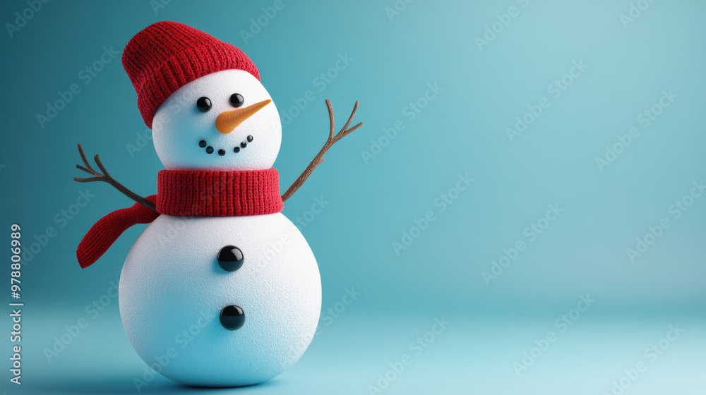 Snowman with button eyes, wearing red scarf and hat, cheerful and inviting Snowman with button eyes, wearing red scarf and hat, cheerful and inviting