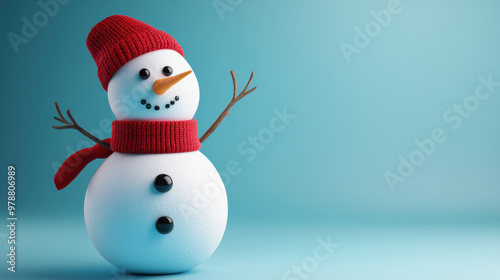 Snowman with button eyes, wearing red scarf and hat, cheerful and inviting