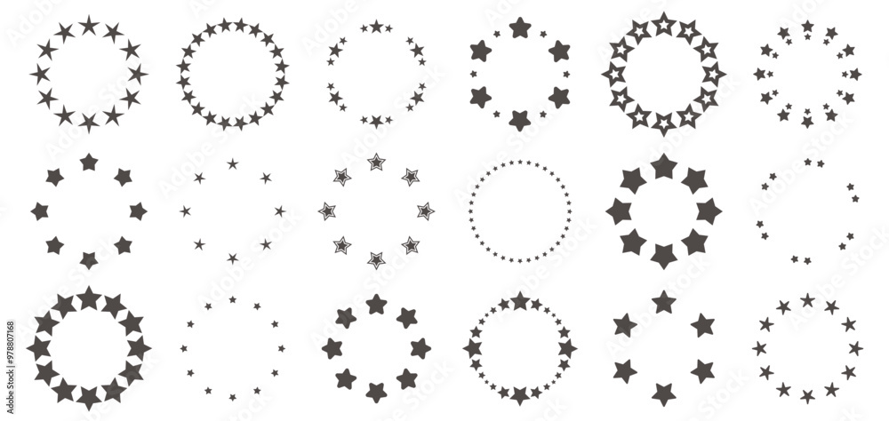 Stars in circle. Award rating badge simple modern retro style, decorative simple black and white shapes for different design. Vector isolated set.eps Stars in circle. Award rating badge simple modern retro style, decorative simple black and white shapes for different design. Vector isolated set.eps