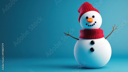 A cheerful snowman with button eyes and red scarf stands against blue background