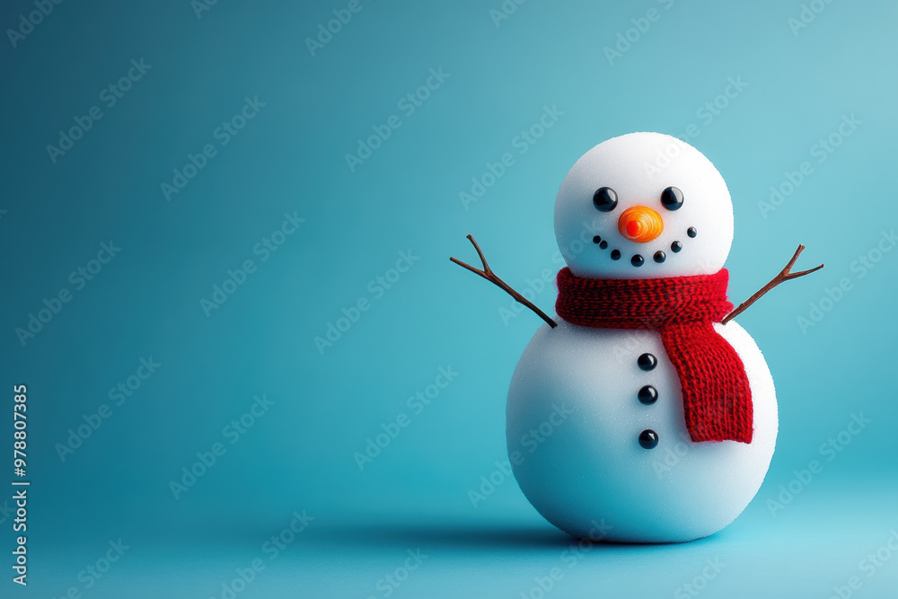 A cheerful snowman with button eyes and red scarf stands against blue background A cheerful snowman with button eyes and red scarf stands against blue background