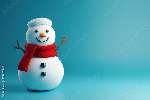 A cheerful snowman with button eyes and red scarf stands against blue background