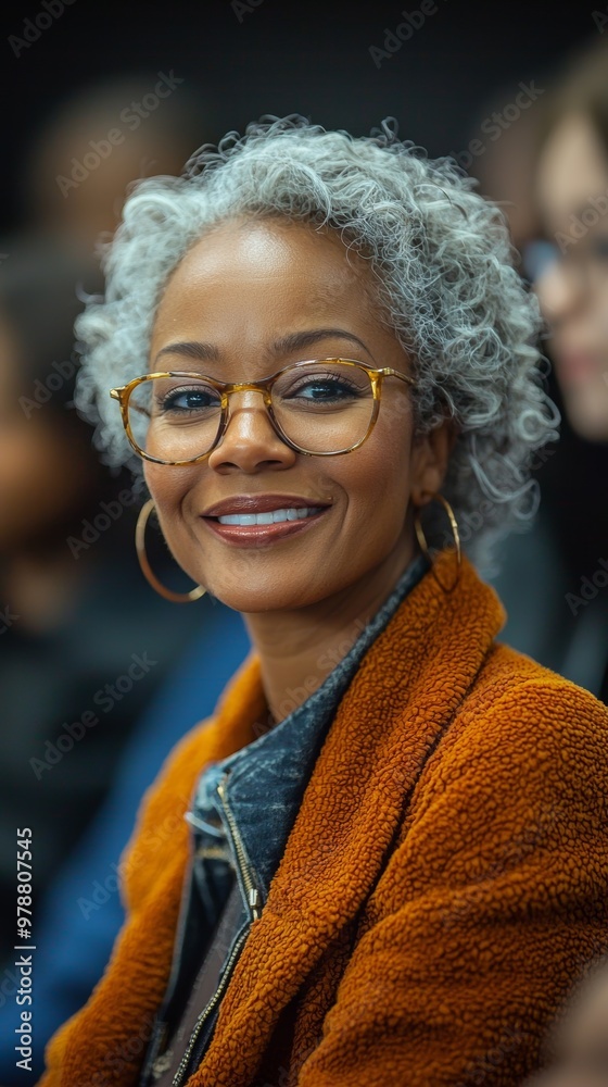 Confident African American woman smiling during a public event Confident African American woman smiling during a public event