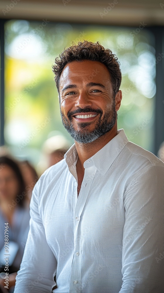 Confident businessman smiling during a professional conference presentation Confident businessman smiling during a professional conference presentation