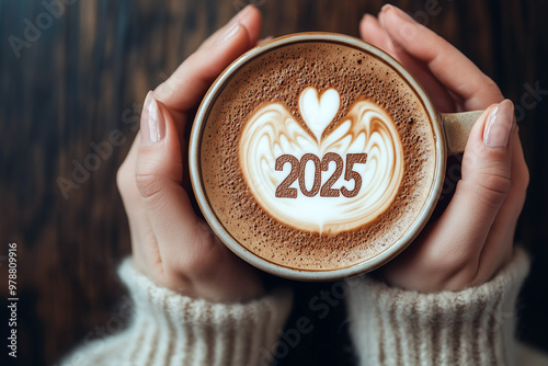 Hands holding a latte with heart-shaped foam and 