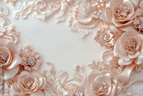  Luxury quinceañera card design with intricate 3D roses and gemstone embellishments in soft blush tones