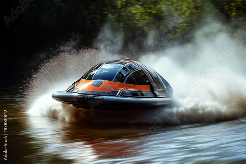 Sleek futuristic hovercraft racing across water with dynamic motion, orange and black design