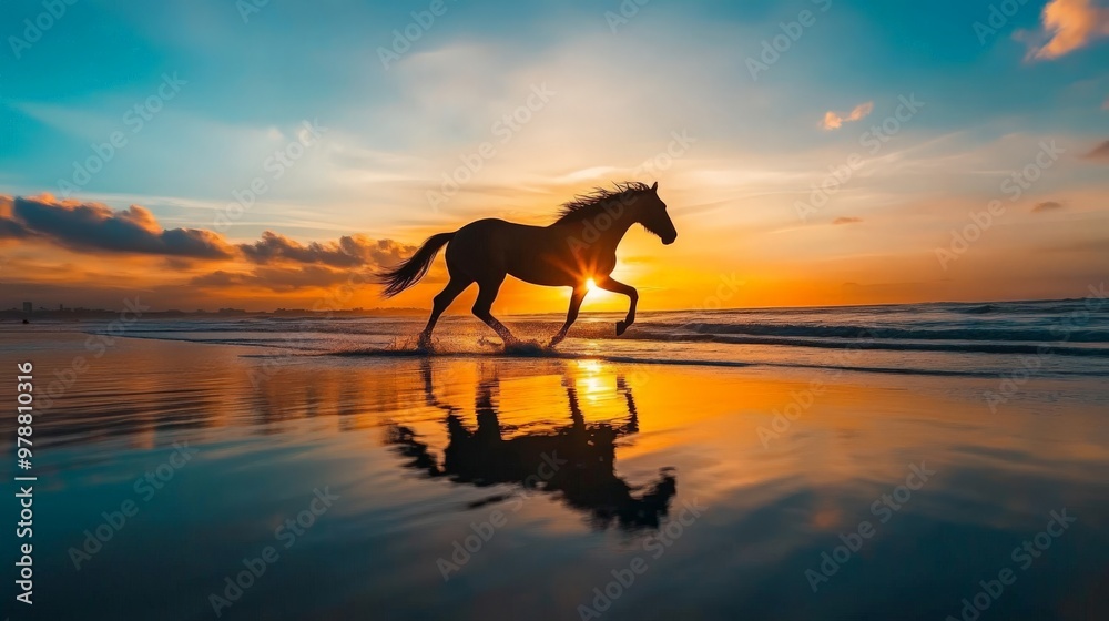Majestic horse galloping on beach at sunset with vibrant sky reflections Majestic horse galloping on beach at sunset with vibrant sky reflections
