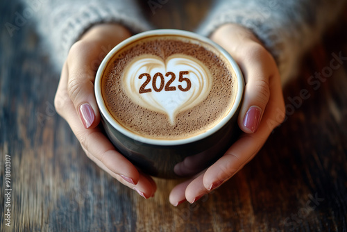 Hands holding a cup of coffee with heart-shaped foam and 