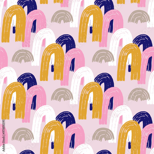 Artistic seamless pattern with abstract hand drawn rainbows drawn with ink. Colorful rainbow pastel texture. Trendy kids vector background.
