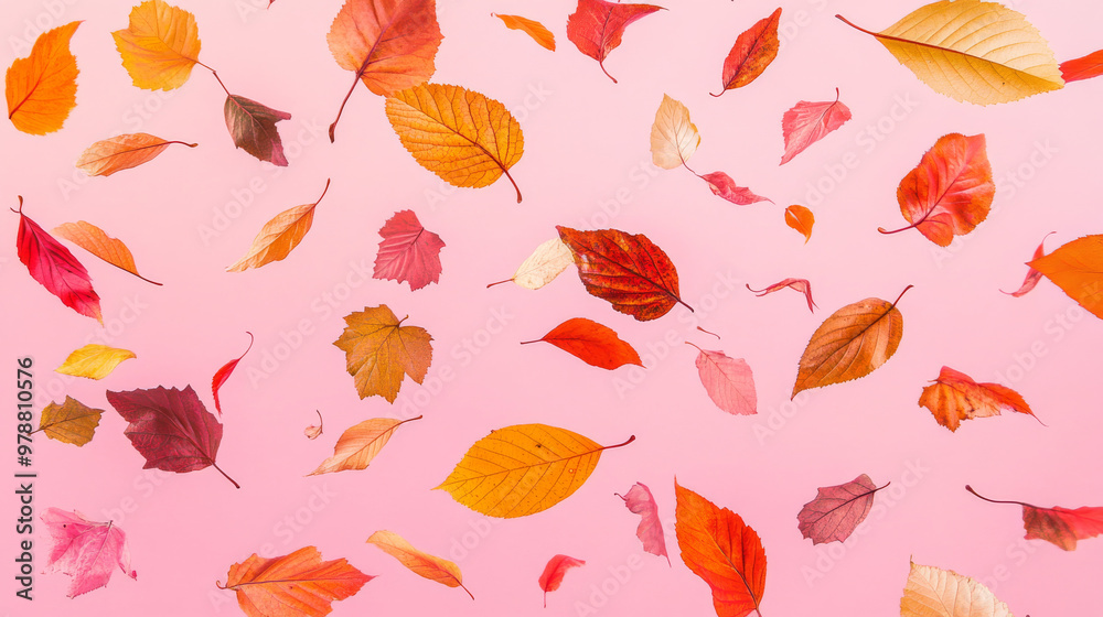 Fototapeta premium Colorful autumn leaves float in mid-air against a pink background. It looks like they're defying gravity!