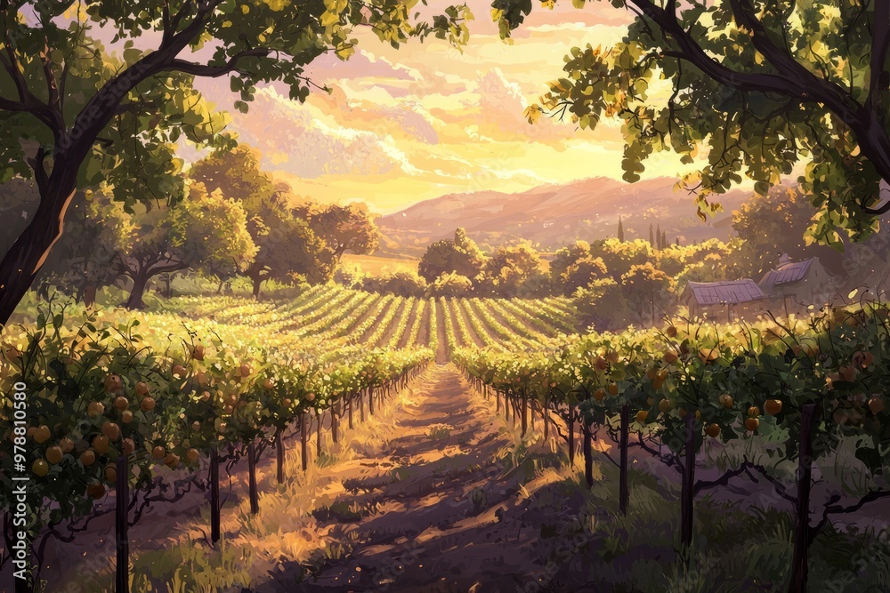 Fototapeta premium A Peaceful Orchard With Rows Of Cherry Trees, Warm Sunlight Casting A Gentle Glow, And A Tranquil Atmosphere. Cozy Vibe, Generative AI