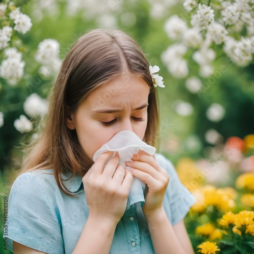 Woman Sneezing Due To Allergies, Blooming Garden In The Background As Cause Of Allergies. AI Generated