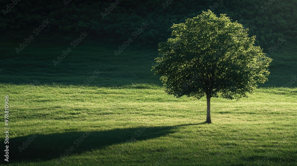 Fototapeta premium A single tree in the middle of a grassy field, bathed in soft morning light, casting gentle shadows. Focus on the tree. No people.