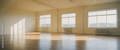 An empty room with large windows at a sunny day. AI generated