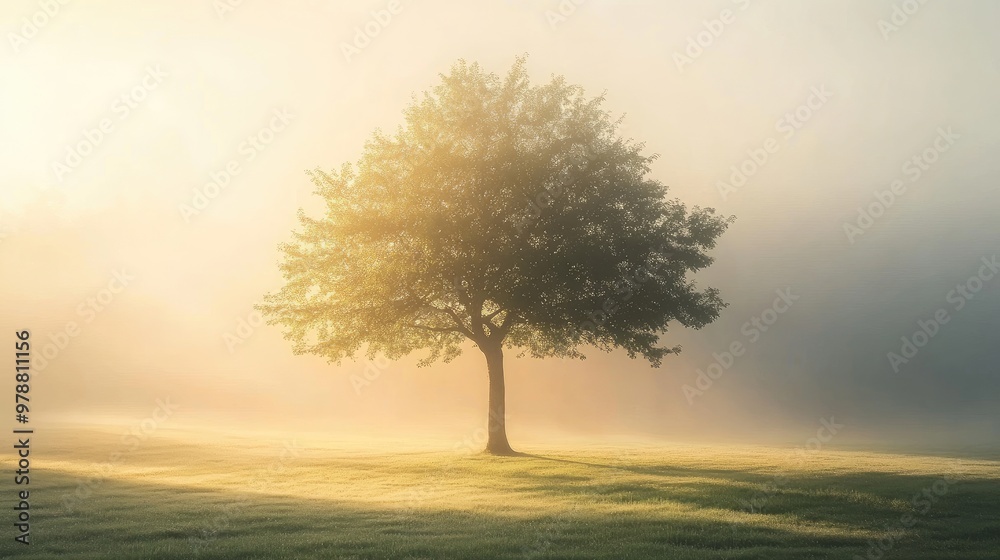 A single tree standing in a foggy field, with soft sunlight filtering through and casting delicate shadows. Focus on the tree and light. No people.