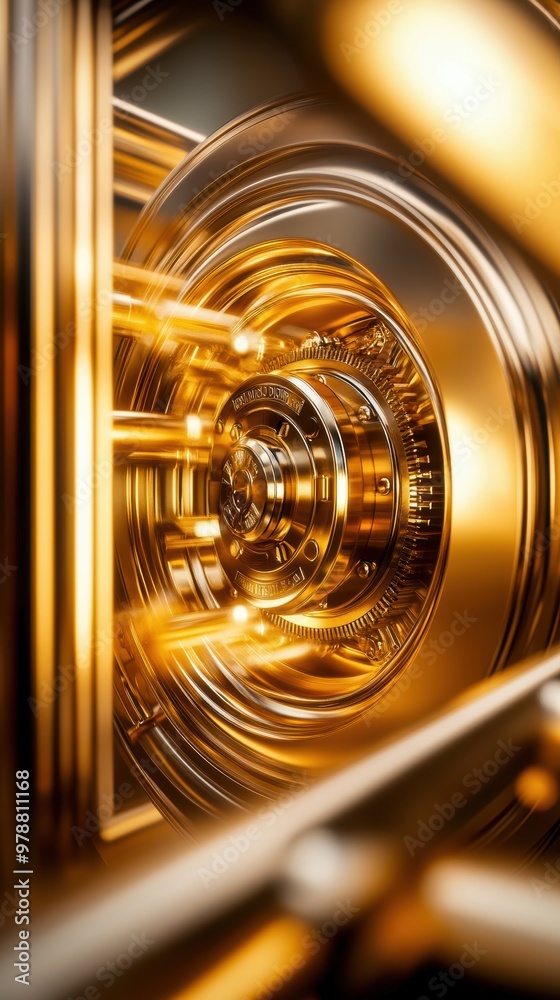Close-up of a futuristic golden mechanism, showcasing intricate details and reflections, perfect for technology and luxury themes. Close-up of a futuristic golden mechanism, showcasing intricate details and reflections, perfect for technology and luxury themes.