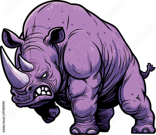 aggressive attacking powerful lilac rhinoceros, vector drawing