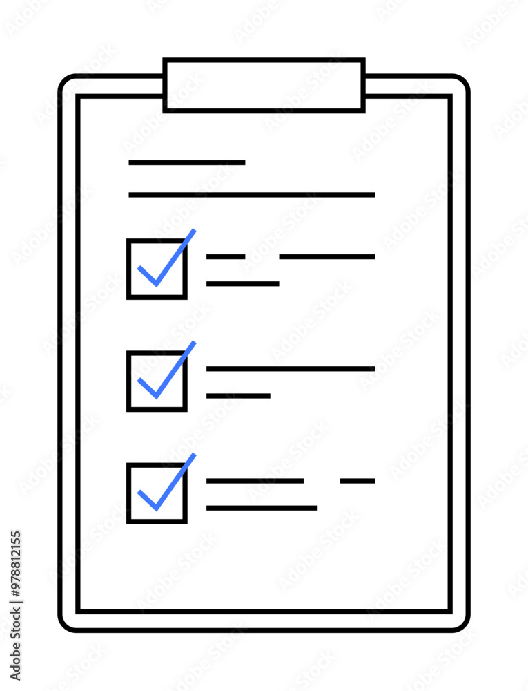 Minimalistic clipboard with three checkmarked lines, black outlines, and blue highlights. Ideal for progress tracking, to-do lists, task management, business planning, and goal setting. Minimalistic clipboard with three checkmarked lines, black outlines, and blue highlights. Ideal for progress tracking, to-do lists, task management, business planning, and goal setting.