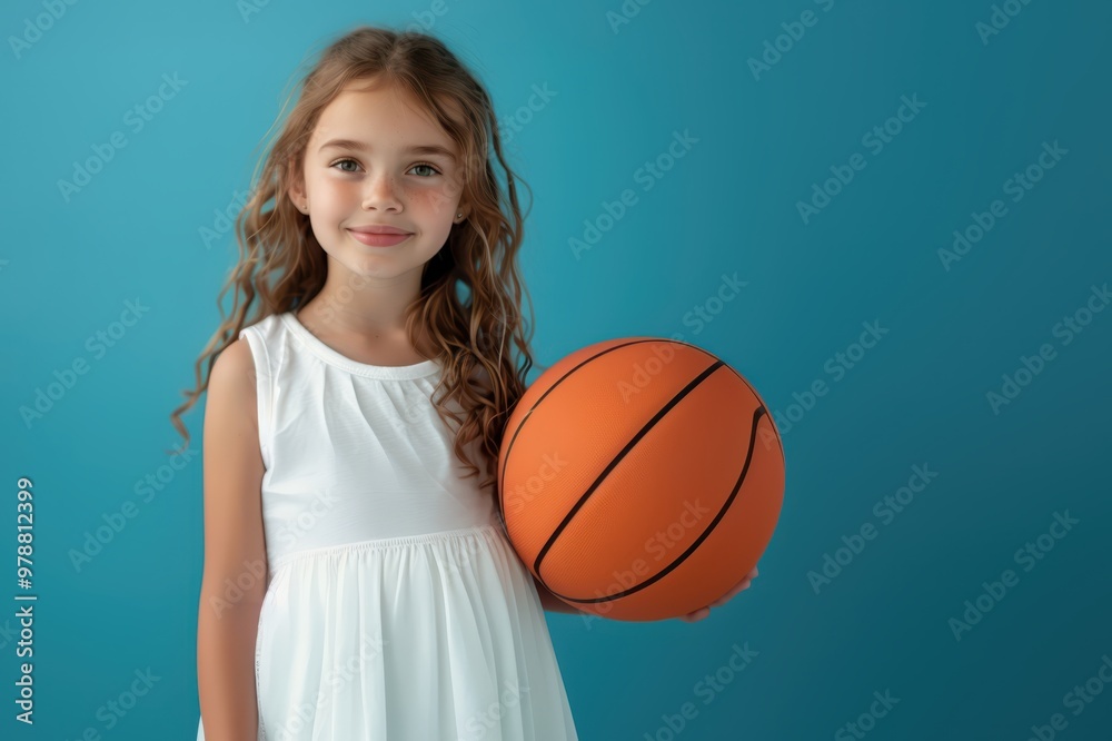 Adorable Young Girl in White Dress Holding Basketball Against Blue Background Adorable Young Girl in White Dress Holding Basketball Against Blue Background