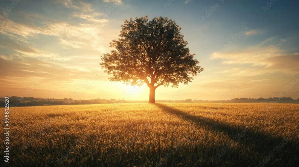 A tall tree in a wide field, its shadow extending toward the horizon as the sun sets. Focus on the interplay of light and shadow. No people. A tall tree in a wide field, its shadow extending toward the horizon as the sun sets. Focus on the interplay of light and shadow. No people.