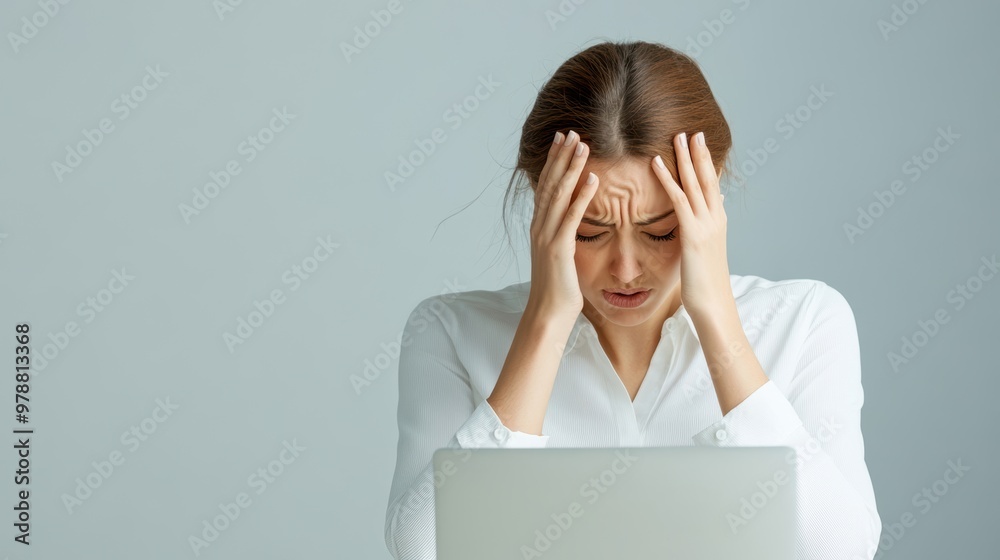 Stressed young woman struggling with work at a laptop, showing frustration and pressure in a modern office setting. Stressed young woman struggling with work at a laptop, showing frustration and pressure in a modern office setting.