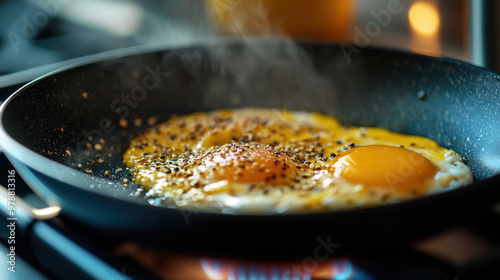 Frying eggs in pan with spices creates delicious aroma and visual appeal