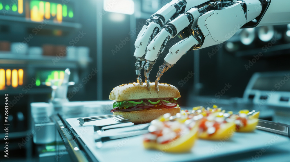 Obraz premium A robotic arm skillfully assembles delicious sandwich in modern kitchen