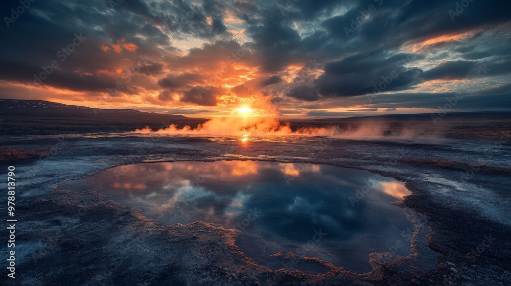Mesmerizing sunset over geothermal hot spring with dramatic sky reflection Mesmerizing sunset over geothermal hot spring with dramatic sky reflection