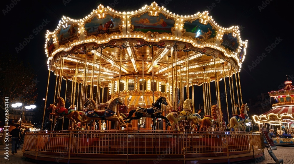 Obraz premium Children's Carousel at an amusement park in the evening and night illumination. amusement park at night. amusement park