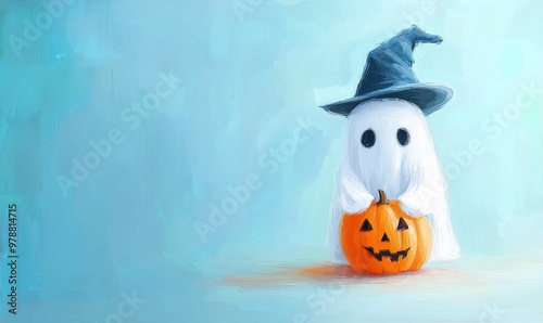 A cross stitch picture of a ghost holding a pumpkin in Halloween 