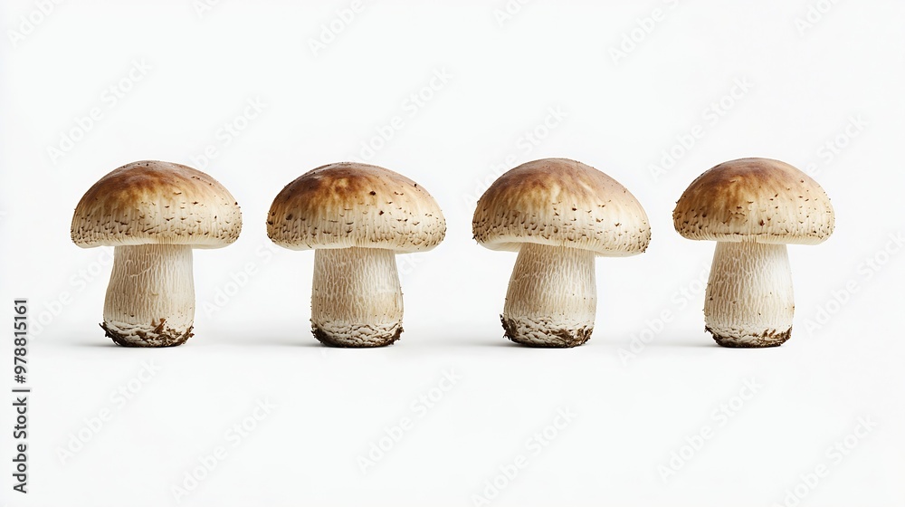 Set of Four Mushrooms Isolated on White : Generative AI Set of Four Mushrooms Isolated on White : Generative AI