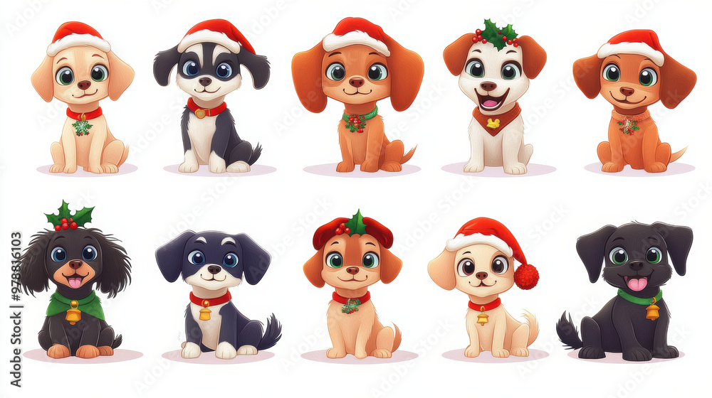 Cute cartoon dogs wearing festive hats and accessories, perfect for holiday cheer! Cute cartoon dogs wearing festive hats and accessories, perfect for holiday cheer!