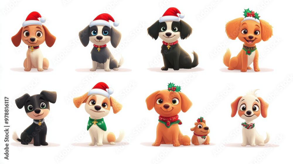 Cute cartoon dogs wearing Santa hats and festive decorations Cute cartoon dogs wearing Santa hats and festive decorations