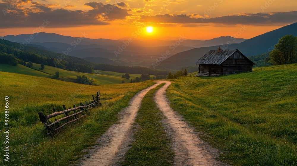 Fototapeta premium The picturesque view features a winding wooden road guiding towards an aging house, bathed in warm sunset light with hills and mountains framing the serene landscape.