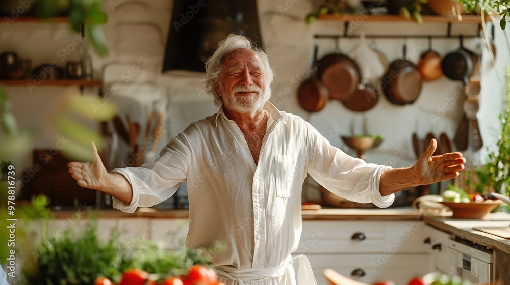 Elderly Man Joyfully Dancing and Cooking in a Bright Kitchen with Fresh Ingredients Around Elderly Man Joyfully Dancing and Cooking in a Bright Kitchen with Fresh Ingredients Around