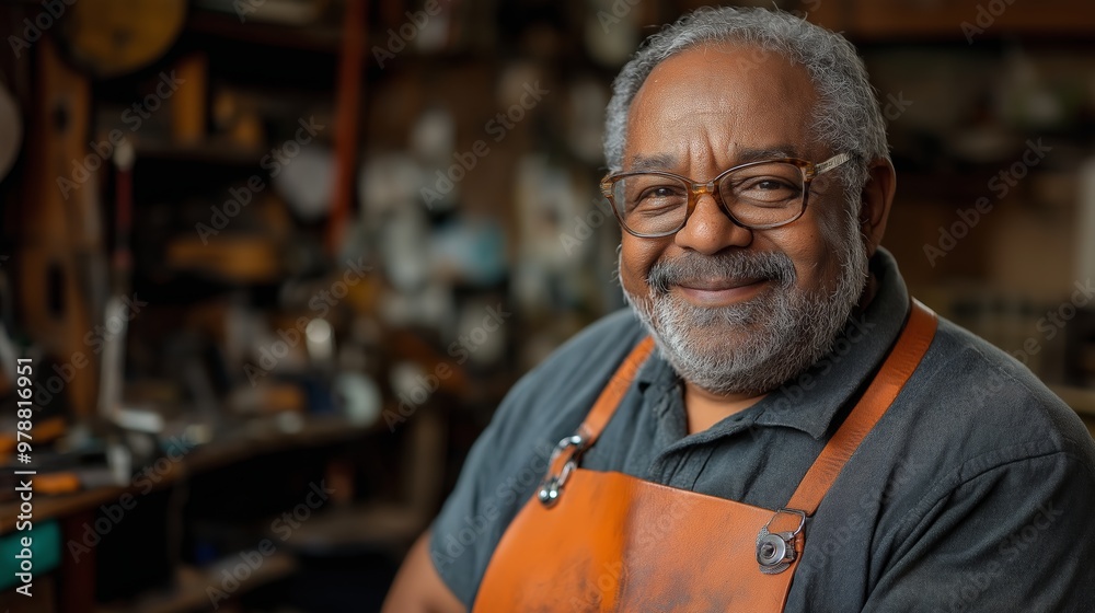 A man with a mustache and glasses is smiling in front of a workbench. He is wearing an apron and he is a craftsman A man with a mustache and glasses is smiling in front of a workbench. He is wearing an apron and he is a craftsman