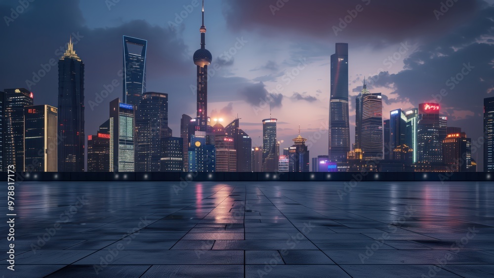 Obraz premium Modern City Skyline with Empty Square at Evening with Illuminated Skyscrapers