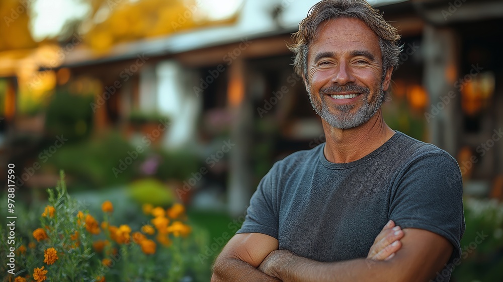 A man with a beard and a beard is smiling and standing in front of a house. He is wearing a gray shirt and has his arms crossed A man with a beard and a beard is smiling and standing in front of a house. He is wearing a gray shirt and has his arms crossed
