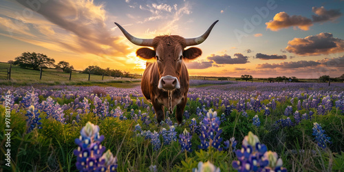 Longhorn Cow in a Field of Bluebonnets at Sunset