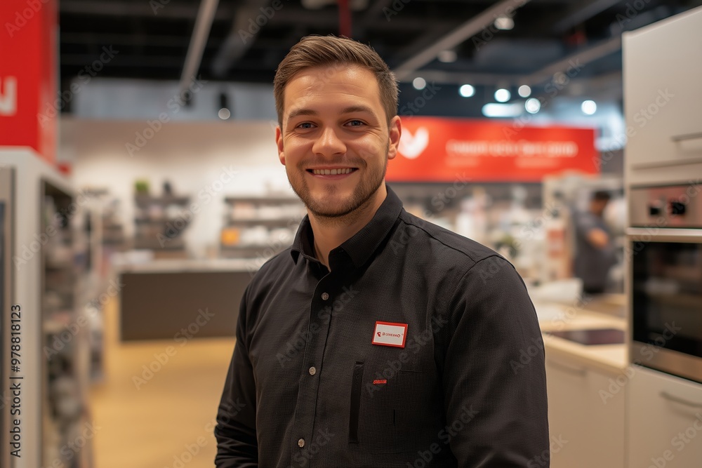 Fototapeta premium A man is smiling in a store with a red sign behind him. He is wearing a black shirt and a red badge