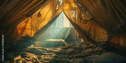 Cozy Tent Interior with Morning Sunlight and Scenic View photo