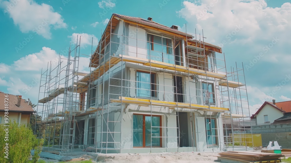 Exterior View of a New House in Scaffolding Under Construction on a Sunny Day Exterior View of a New House in Scaffolding Under Construction on a Sunny Day