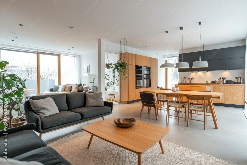 Contemporary Scandinavian loft featuring sleek lines, wooden accents, and cozy furnishings. Contemporary Scandinavian loft featuring sleek lines, wooden accents, and cozy furnishings.