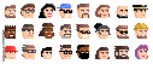 Pixel avatars. Retro 8 bit colorful characters, men and women avatar faces for video game, comic book and website. Vector isolated set.eps