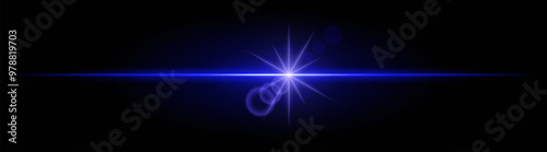 Blue neon stripes or light flash. Laser beams, horizontal beams. Beautiful light reflections. Glowing stripes on a black background.