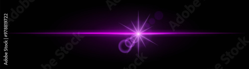 Purple neon stripes or light flash with star. Laser beams, horizontal beams. Beautiful light reflections. Glowing stripes on a black background.