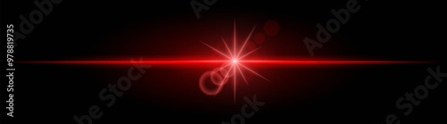 Red neon stripes or light flash with star. Laser beams, horizontal beams. Beautiful light reflections. Glowing stripes on a black background.