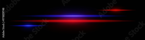 Blue and red neon stripes or light flash. Laser beams, horizontal beams. Beautiful light reflections. Glowing stripes on a black background.