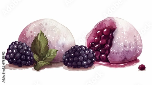 A delightful dessert featuring sweet, gelatinous dumplings filled with berries, garnished with fresh mint leaves. photo